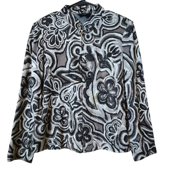 St. John Women's Size 12 Zip Front Geometric Floral Print Cardigan Jacket READ - Picture 1 of 6